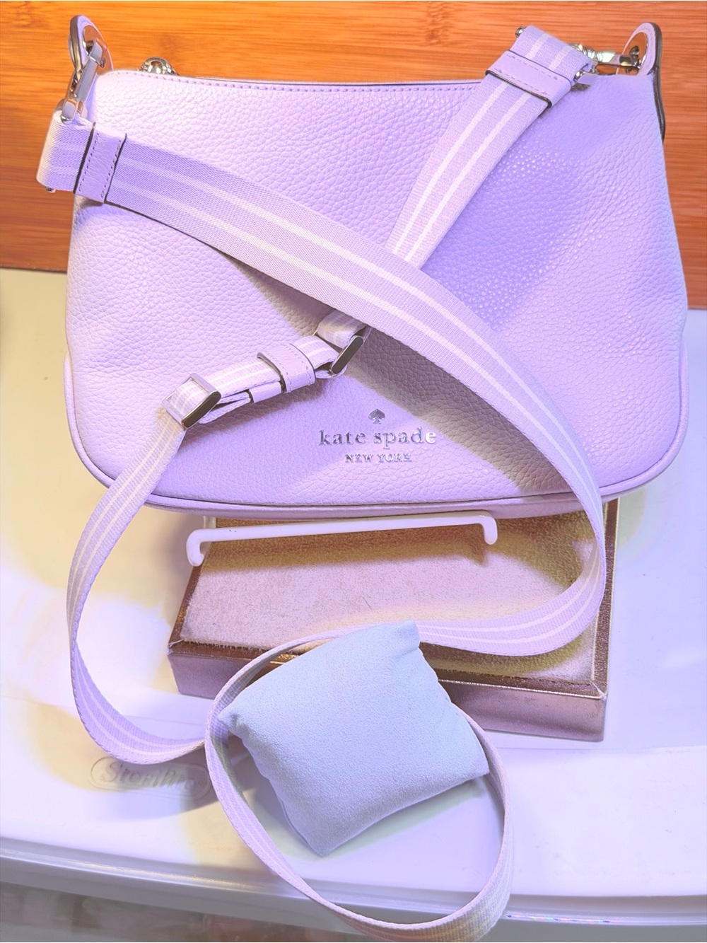 kate spade Leather Crossbody Lavendar Bag with Striped Guitar Strap Free Gift